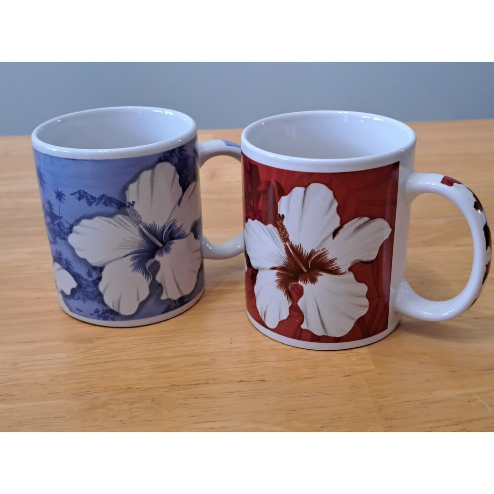 2 Vintage 2003 Hawaiian Coffee Mug Red Blue & White Hibiscus Flower ABC Stores